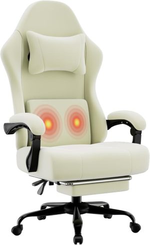 Ergonomic Gaming Chair, Video Game Chair with Massage Lumbar Support and Footrest, Height Adjustable Fabric Computer Chair with Pocket Spring Cushion (White)