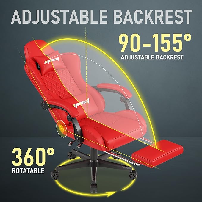 Gaming Chair,Ergonomic Computer Chairs for Adults with Footrest, PU Leather Office Chair with Adjustable Lumbar Support & Pocket Spring Cushion - Heavy Duty 400lb Capacity Gamer Chair (Red) - Image 2